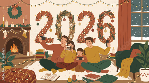 Happy illustrated family of four celebrating the New Year 2026 by taking photos in a cozy, festive living room with a fireplace and Christmas decorations