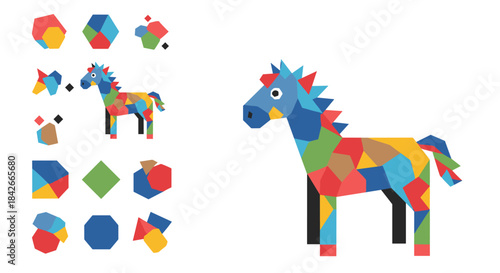 Colorful mosaic horse created from various geometric shapes with a set of constructor puzzle pieces isolated on white background.