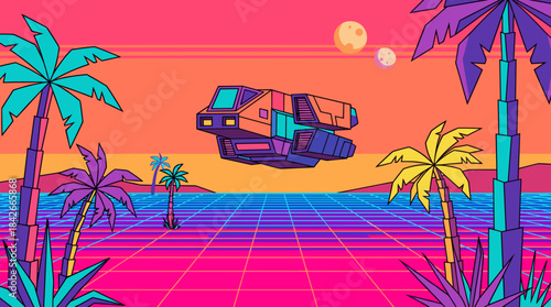 Vibrant retrowave synthwave landscape illustration with a futuristic spaceship flying over a neon grid ocean, surrounded by colorful palm trees under a sunset sky with planets