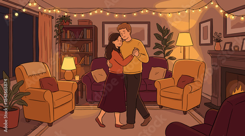 Loving young couple dancing slowly together in a cozy living room decorated with string lights, creating a warm, romantic, and intimate atmosphere at home