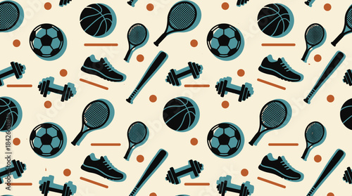 Seamless sports equipment pattern with various items like balls, rackets, and dumbbells in a retro graphic style on a light background for active lifestyle themes