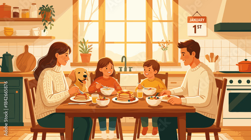 Happy illustrated family with their dog eating a festive New Year's Day breakfast together in a cozy, sunlit kitchen with pancakes and fruit on the table