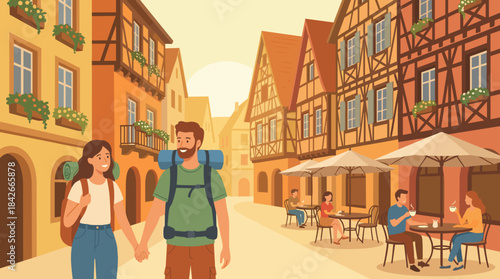Smiling backpacking couple holding hands while walking through a charming old European town street with half-timbered houses and an outdoor cafe during their summer vacation
