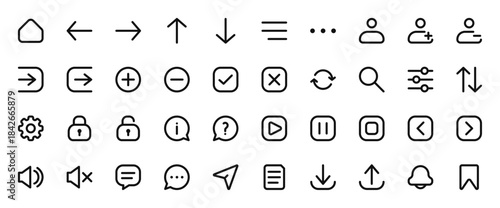 Essential outline symbols featuring arrows, actions, navigation signs, media controls, communication icons, security elements, and simple tools in a clean line style.