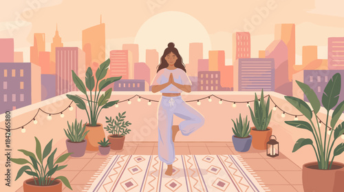 Serene young woman practicing yoga in a tree pose on a beautiful rooftop terrace with potted plants and a city skyline view during a warm, peaceful sunset