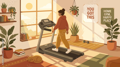 Woman in a red hoodie walking on a treadmill in a cozy home gym filled with plants and bathed in warm morning sunlight, promoting a healthy and active lifestyle