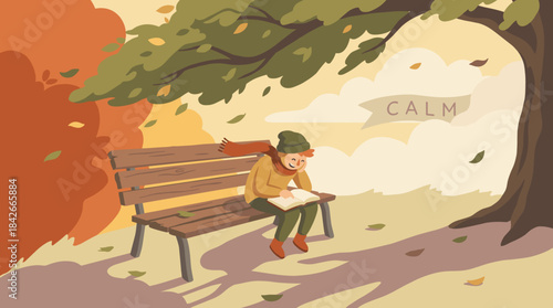 Happy young person in autumn clothes reads a book on a park bench during a peaceful day, surrounded by colorful falling leaves in a serene, calm landscape