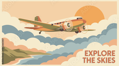 Vintage propeller passenger airplane flying through a cloudy sky during a warm sunset in a retro travel poster style illustration with a scenic coastal landscape below