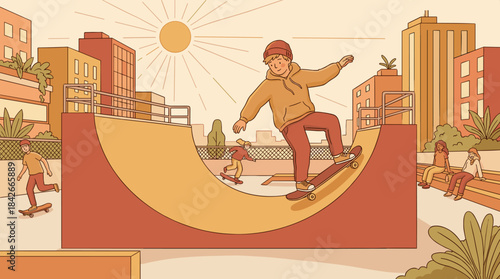 Young skater wearing a hoodie and beanie rides a skateboard on a half-pipe ramp in a sunny urban park with other people, warm color palette illustration
