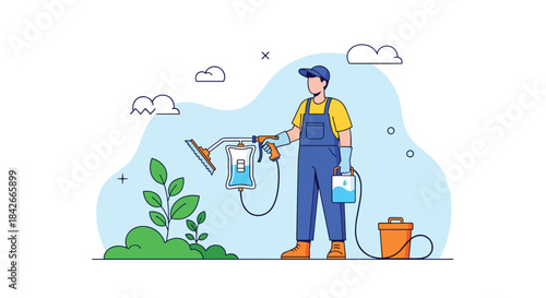 Gardener or farmer character giving water and nutrients to a plant with a sprayer from an intravenous therapy drip bag concept.