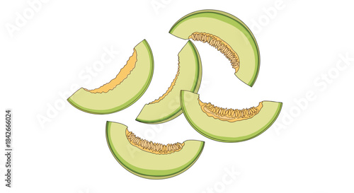 Multiple fresh slices of cantaloupe melon with seeds arranged in a scattered composition isolated on a clean white background.