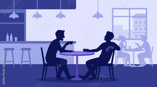 Two men silhouettes talking over coffee at a table in a modern cafe, a minimalist flat vector illustration depicting a friendly conversation in a monochrome blue interior