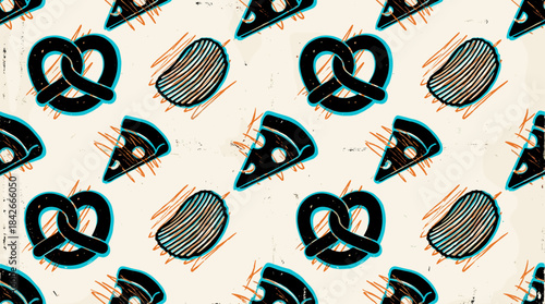 Seamless junk food pattern with pretzels, pizza slices, and potato chips in a retro graphic style with a distressed texture and bold black outlines on a light background