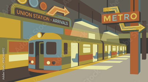 Colorful retro metro train with open doors stands at a deserted underground station platform in a vintage graphic illustration style with warm, atmospheric lighting