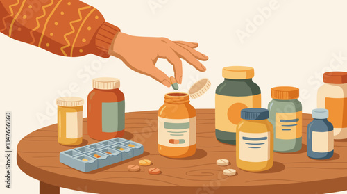 Person's hand sorting daily medication pills and vitamins from various bottles into a weekly organizer on a wooden table in a flat illustration style
