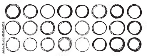 Abstract hand drawn vector circles, round shapes, scribble swirl minimalist elements for design, background logo rough ink drawing