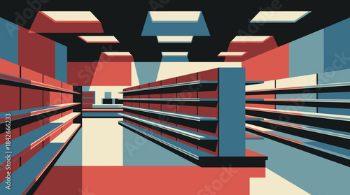 Empty supermarket aisle with bare shelves in a minimalist graphic illustration style, featuring a limited red and blue color palette and dramatic architectural lighting