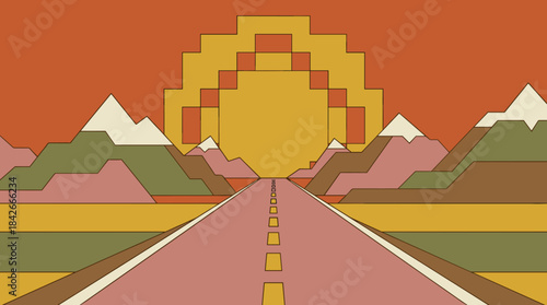 Retro landscape illustration with a long road leading towards a pixelated sun rising over distant mountains, created in a 1970s style with warm, earthy colors and bold lines
