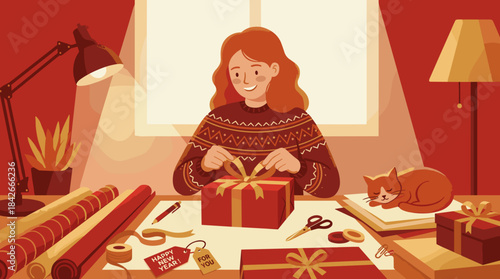 Smiling young woman in a cozy sweater carefully wraps a red holiday gift with a golden ribbon at her desk in a warm, inviting room with a sleeping cat nearby