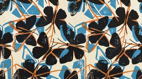 Artistic seamless pattern with black butterfly silhouettes and abstract blue and orange shapes in a distressed, hand-drawn style with a grunge texture for modern textile design