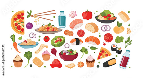 Large collection of various delicious food items and ingredients scattered on a white background including pizza pasta and sushi.
