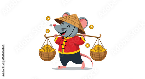 Smiling cartoon rat in traditional chinese costume carrying gold coins celebrating the chinese new year of the rat with wealth.