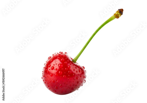 A glistening, freshly picked cherry covered in water droplets against a stark black background