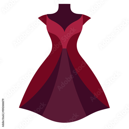 Stylized illustration of an elegant red and maroon evening dress on a form