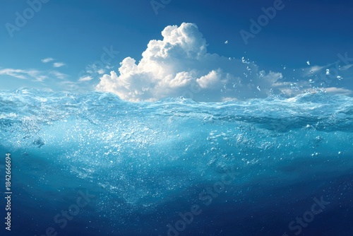 A split-view scene of water surface with bubbly waves beneath blue sky and white cloud