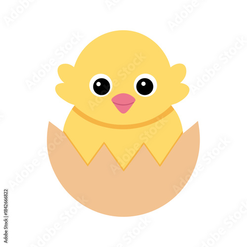 A cute yellow baby chick hatching from an eggshell in a simple cartoon style