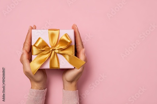 Human hands cradle a pink gift box tied with a gold satin bow against a pink backdrop