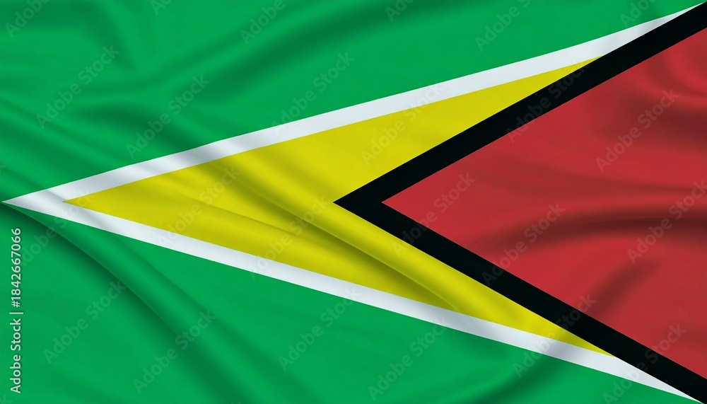 Obraz premium Guyana national flag with red and gold triangles on green field, symbolizing nature, zeal, and wealth.