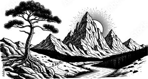 engraving style wilderness illustration depicting rugged mountain formations textured slopes and scenic terrain for adventure branding editorial artwork and nature themed design applications