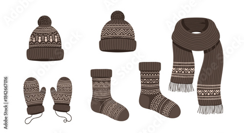 Cozy collection of brown knitted winter accessories with nordic patterns including a hat scarf socks and mittens on a white background.
