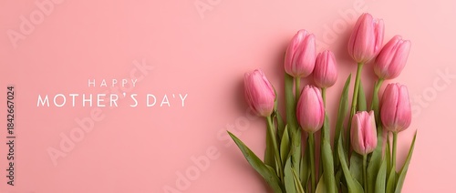 Mother's Day card with pink tulips on a pastel background. Text 