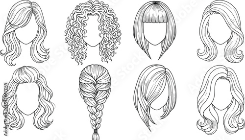 Detailed Vector Line Art Set of Women's Hair Styles, Including Wavy, Curly, Straight, Braids, Updos, and Different Fashionable Cuts.