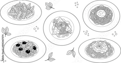Minimalist Line Art Vector Illustration Set of Classic Italian Pasta Dishes Including Spaghetti, Ravioli, Fusilli, and Pesto Recipes.