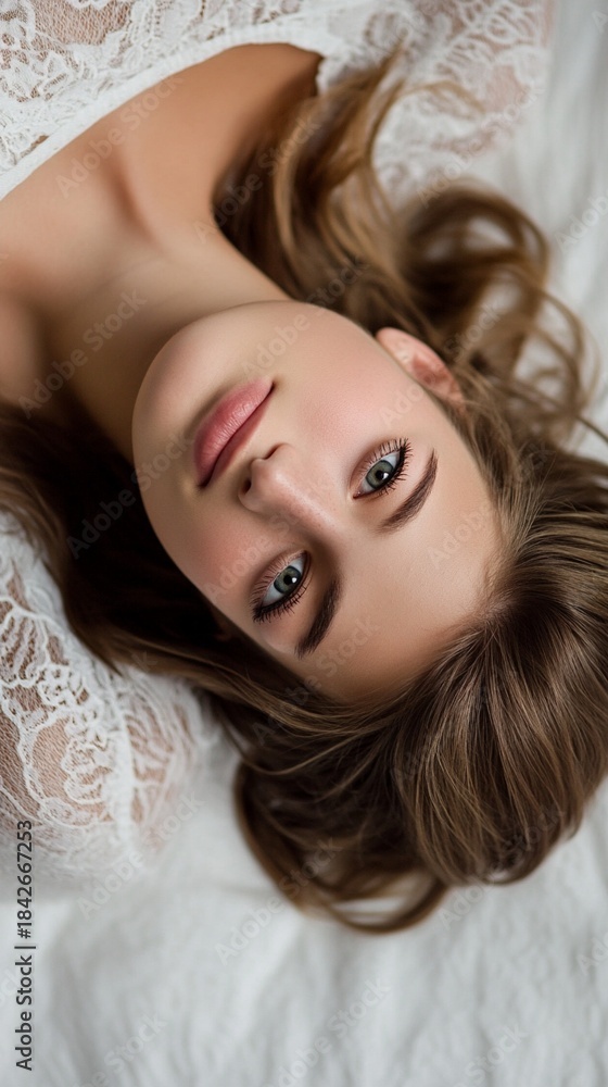 Naklejka premium Intimate portrait of a woman with soft makeup and wavy hair, lying on delicate white lace fabric with a contemplative gaze