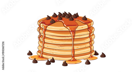 Tall stack of fluffy pancakes is generously topped with dripping caramel syrup and a large amount of chocolate chips for breakfast.