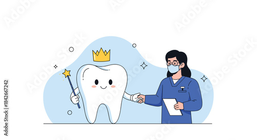 Friendly female dentist in a mask shakes hands with a happy cartoon tooth character wearing a crown and holding a magic sparkle wand.