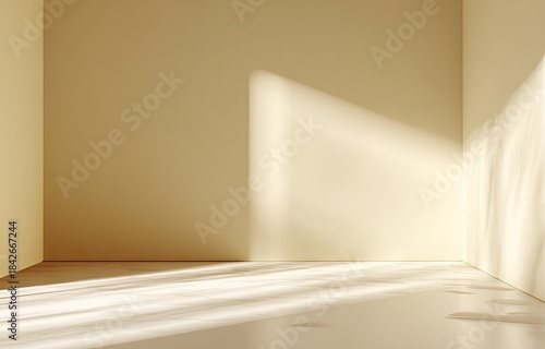 Light streams into an empty, minimalist room with beige walls and a clean floor