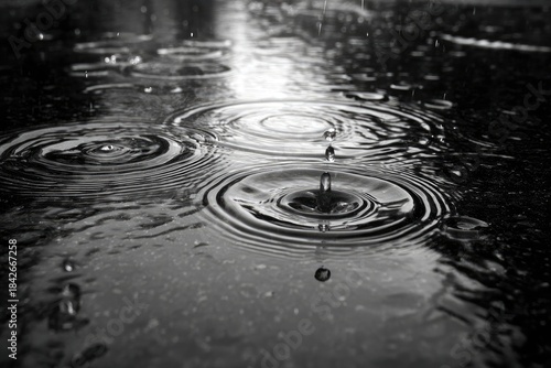 B&W close-up of raindrops creating ripples on a wet surface