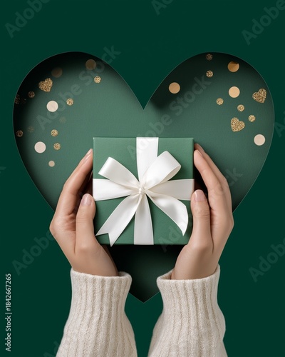 Elegant green gift box with heart background. Christmas and New Year festive concept.
