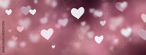 Pink and red gradient with blurred heart shapes, creating a romantic and dreamy atmosphere
