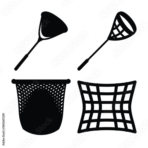 Net and scoop tool icon set, fishing and collecting symbols