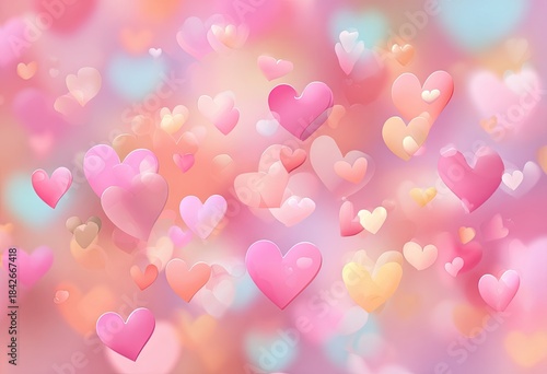 Soft focus image of floating, glossy hearts in shades of pink, orange, and white