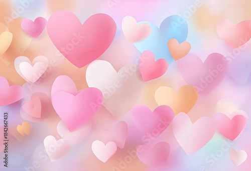 Pastel-toned background with numerous floating hearts in varying sizes and hues