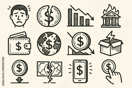 Economic Crisis and Financial Problems Icons Set