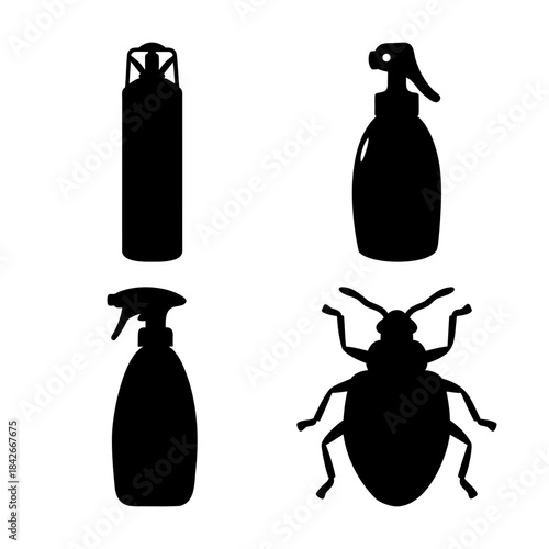 Pest control spray bottles and insect silhouette icons