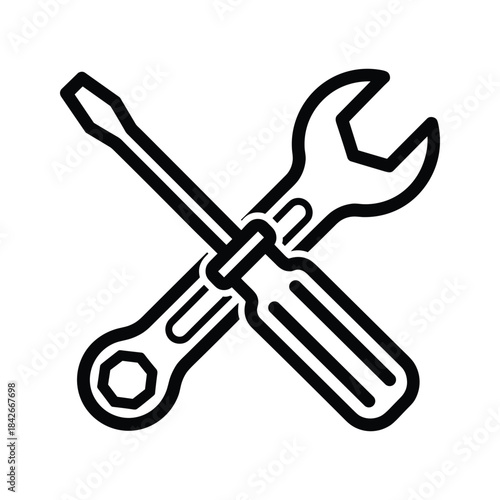 Screwdriver and wrench crossed isolated on, symbolizing repair, construction, or maintenance